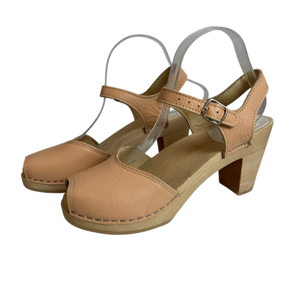 Maguba Sweden Block Heel Peep Toe Wooden Heels Sandals Peach Leather Size 10